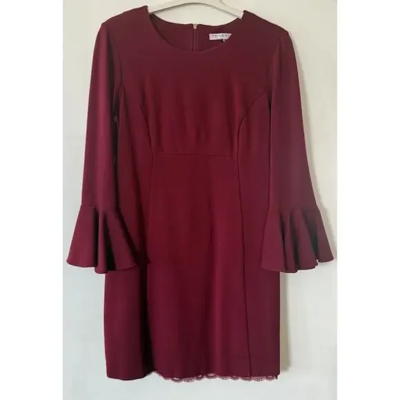 Trina Turk Bell Sleeve Knee Length Swing Dress Darted Waist Dark Red Size 10 EUC - Picture 1 of 8